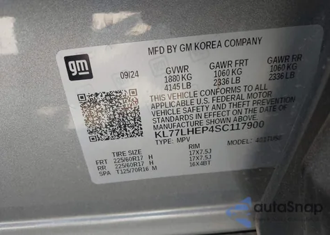 2025 Chevrolet Trax Fwd Lt z USA, uszkodzony, nr VIN KL77LHEP4SC117900